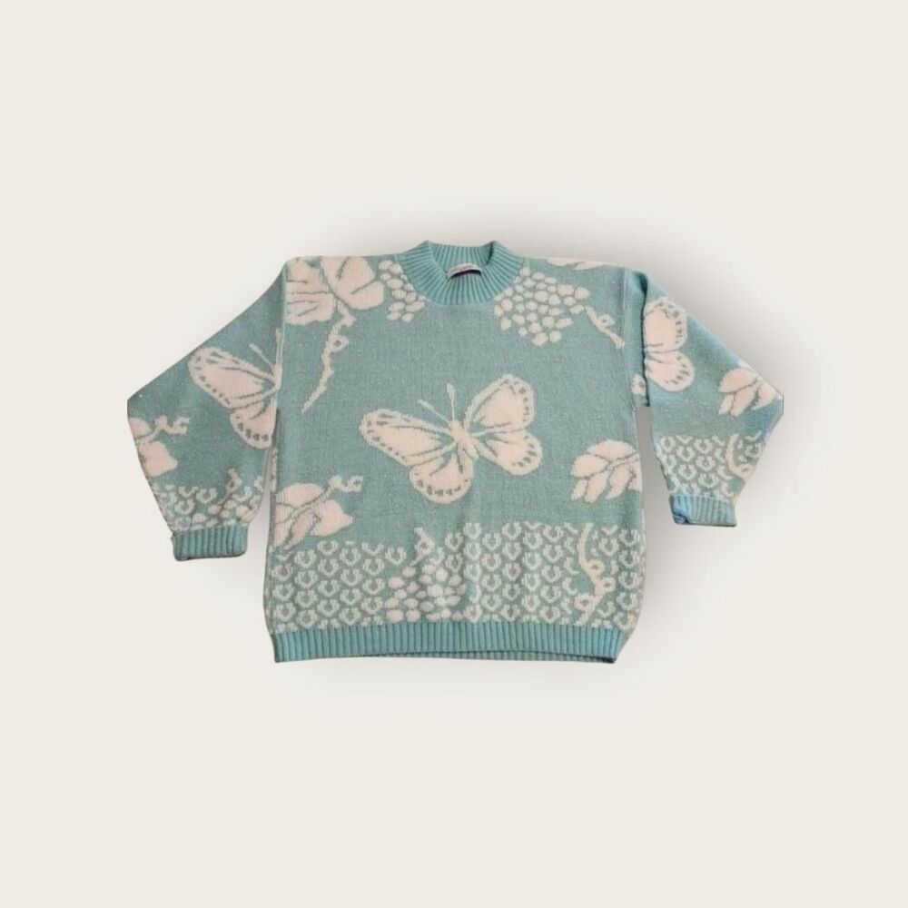 Vintage 90s Blue Teal Butterfly Graphic Knit Pullover Sweater Size M